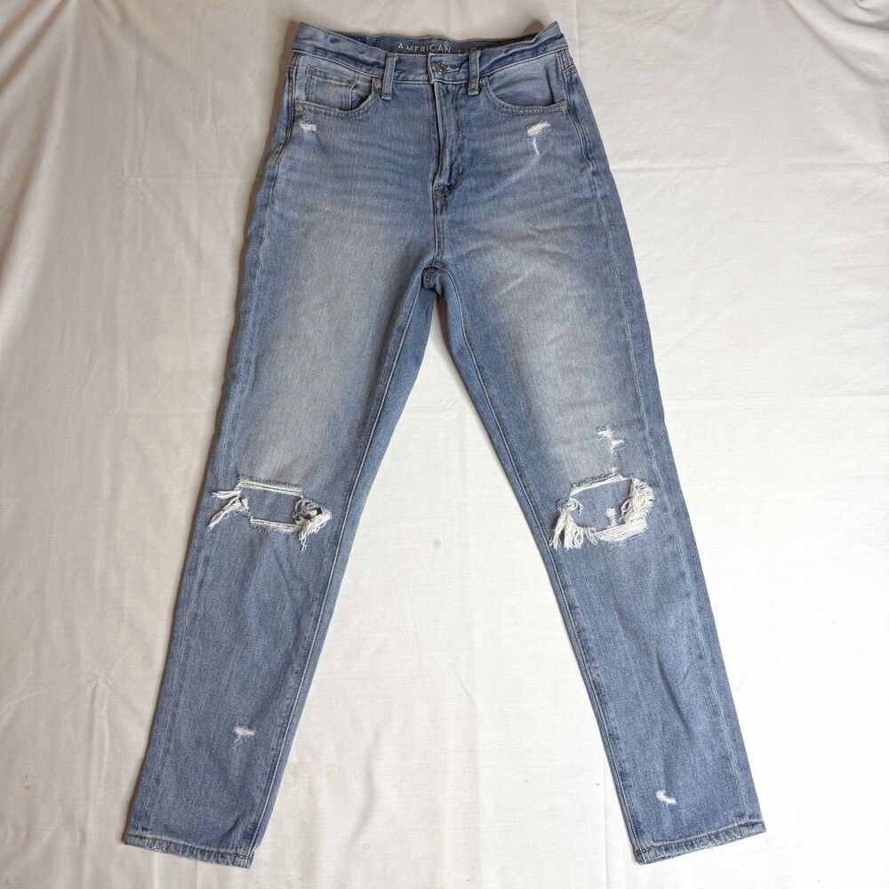 American Eagle Women's Mom Jean Distressed Blue Jeans Cotton Blend Stretch Sz 0